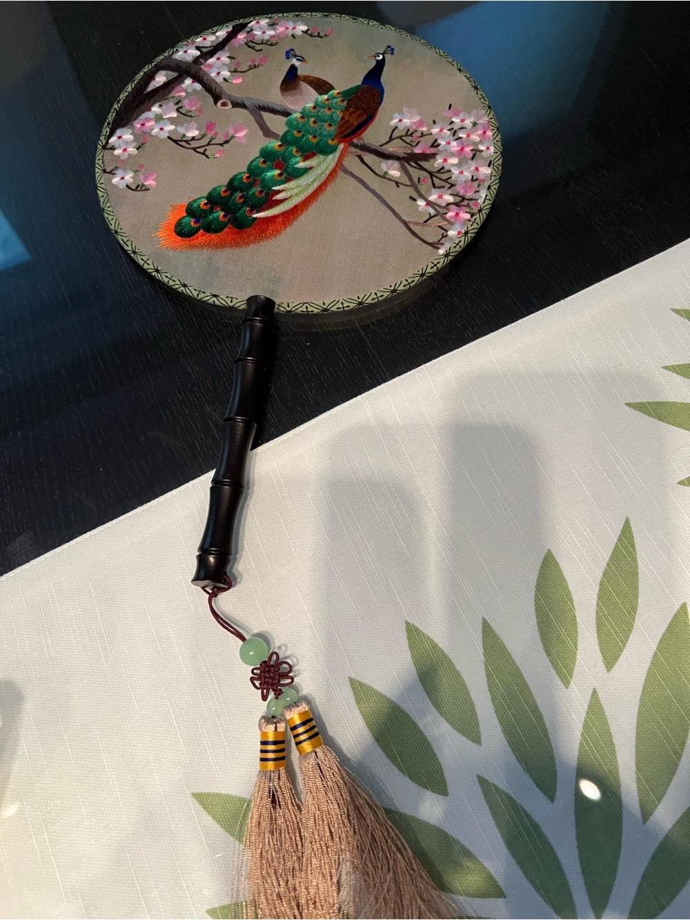 Embroidered Peacock Silk Hand Fan - Beige & Green
